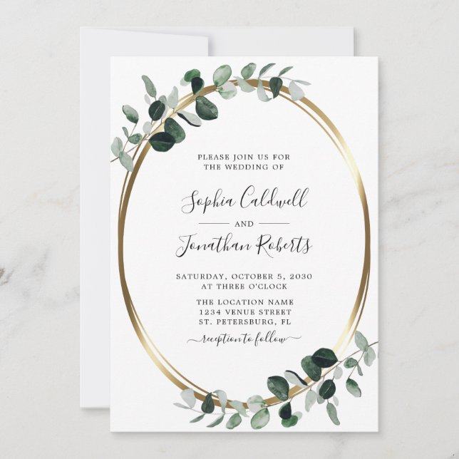Invitation Eucalyptus Verdure Or Mariage métallique (Devant)