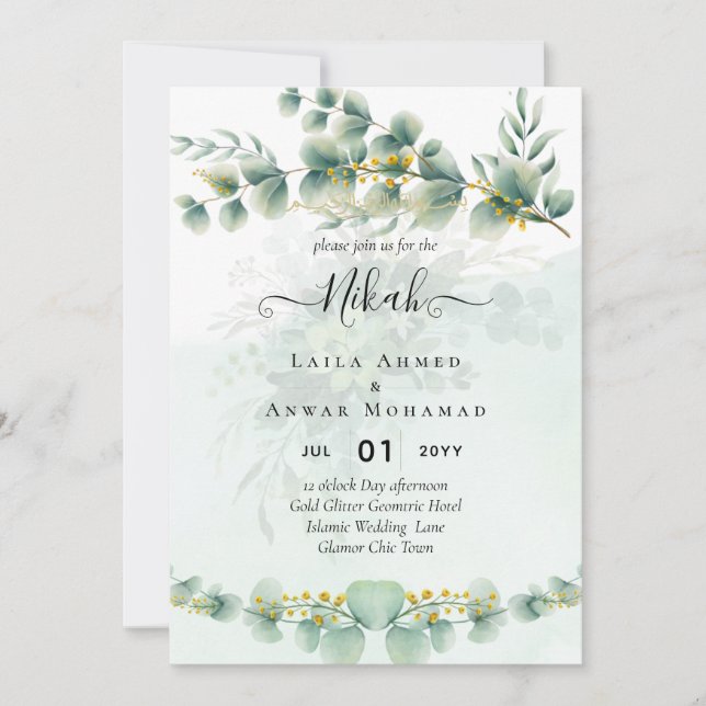 Invitation Eucalyptus Verdure Or MARIAGE QR CODE Moderne (Devant)