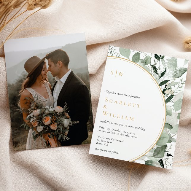 Invitation Eucalyptus Verdure or Monogramme Mariage photo (Créateur téléchargé)