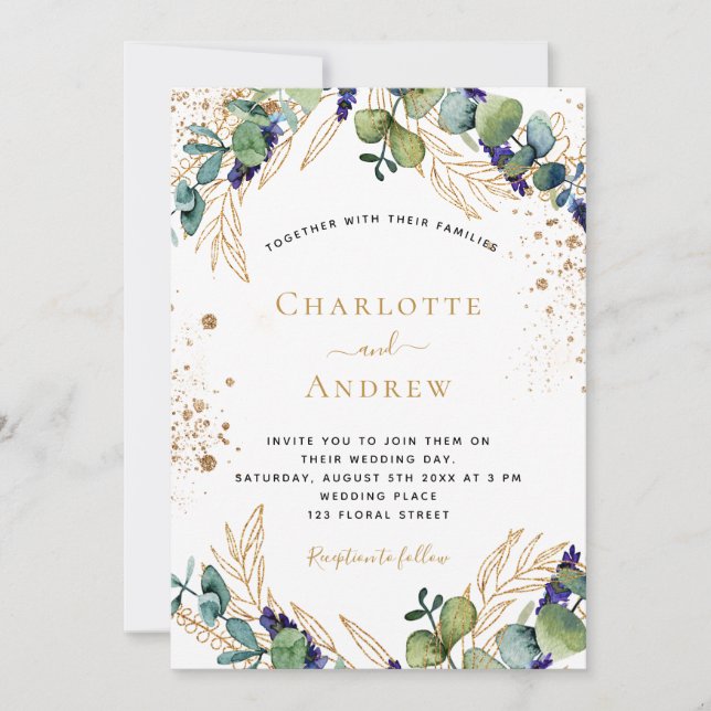 Invitation Eucalyptus verdure or parties scintillant mariage  (Devant)