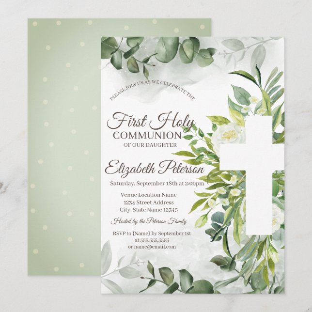 Invitation Eucalyptus Verdure Première Communion Sainte (Devant / Derrière)
