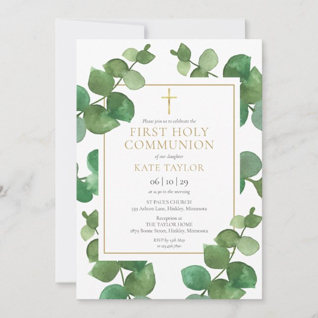 Invitation Eucalyptus Verdure Première Communion Sainte (Devant)
