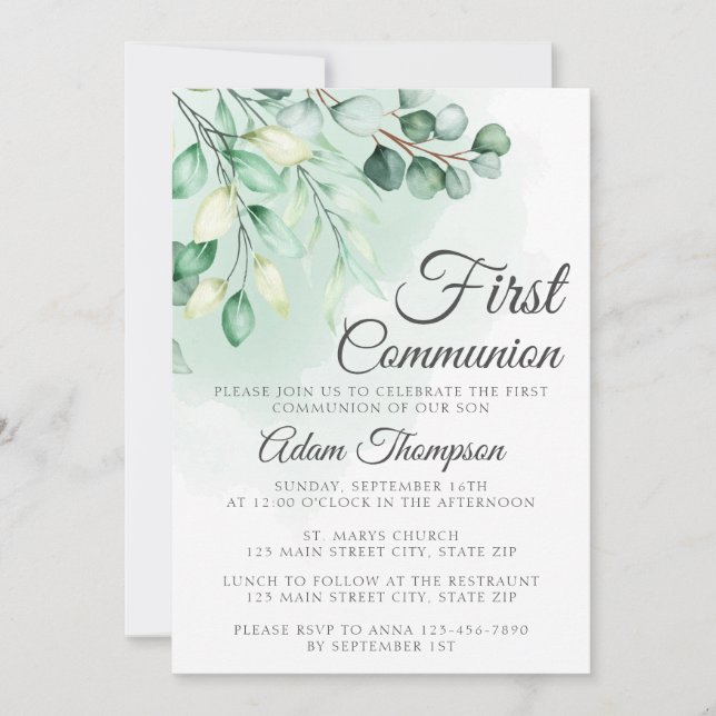 Invitation Eucalyptus Verdure Première Communion simple (Devant)