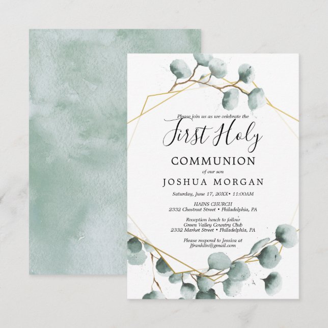 Invitation Eucalyptus Verdure Première Sainte Communion Invit (Devant / Derrière)