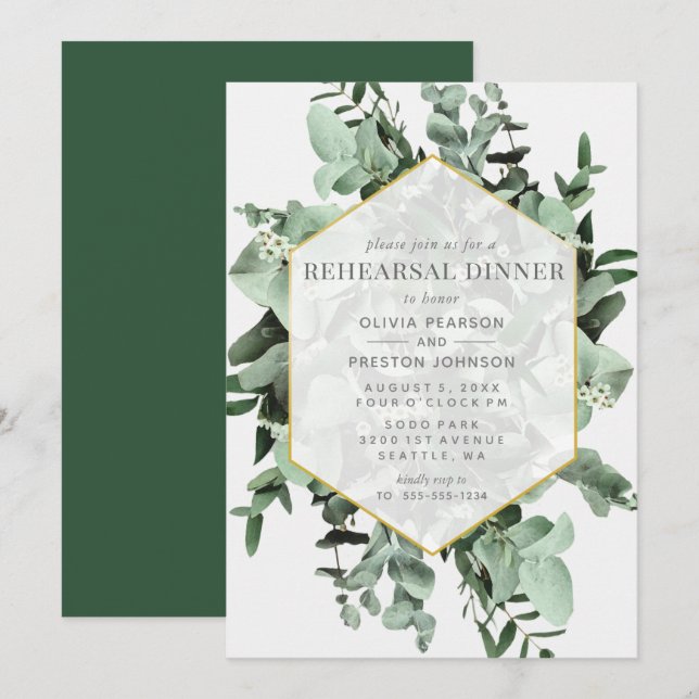 Invitation Eucalyptus & Verdure Répétition Aquarelle Dîner (Devant / Derrière)