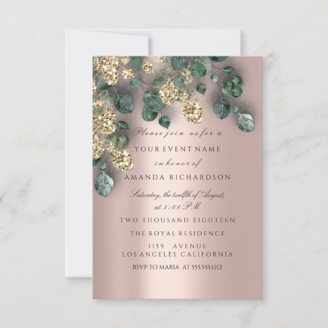 Invitation Eucalyptus Verdure Rose Gold Pailleté (Devant)