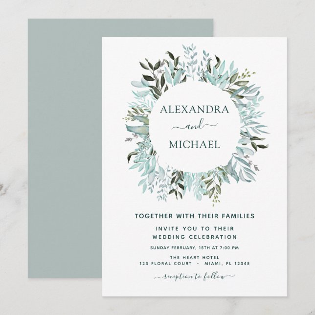 Invitation Eucalyptus Verdure Succulent Mariage élégant (Devant / Derrière)
