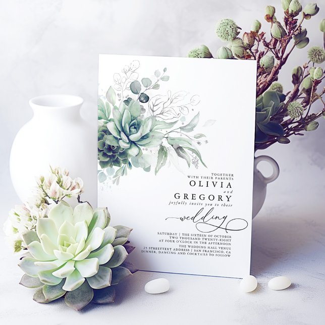 Invitation Eucalyptus Verdure Succulents et Mariage d'argent (Succulents and Silver Greenery Modern Wedding Invitations)