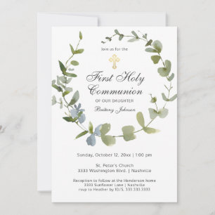 Invitation Eucalyptus Verdure Wreath Cross Sainte Communion