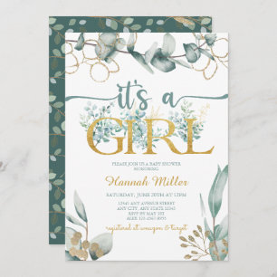Invitation Eucalyptus vert   Aquarelle Baby shower fille