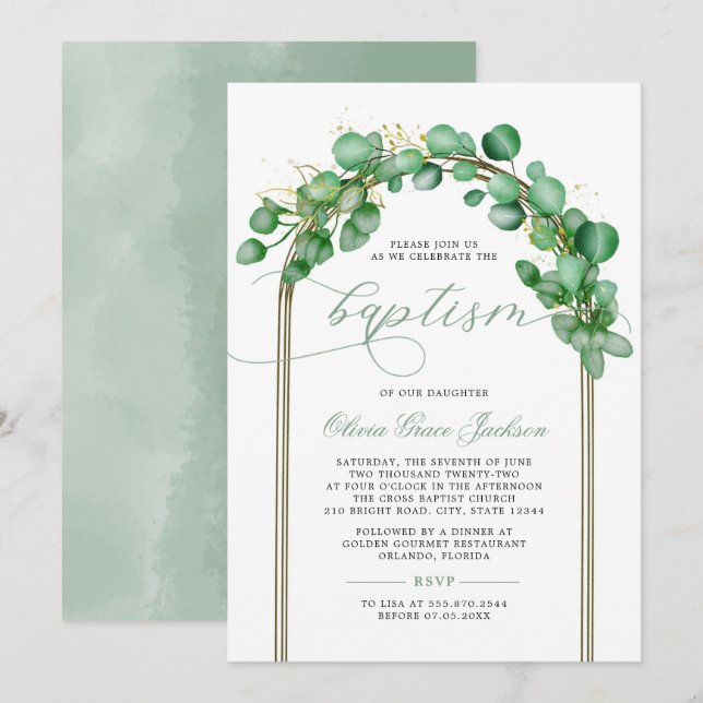 Invitation Eucalyptus Vert Arc Baptême (Devant / Derrière)