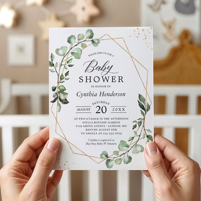 Invitation Eucalyptus vert Baby shower géométrique moderne (Créateur téléchargé)