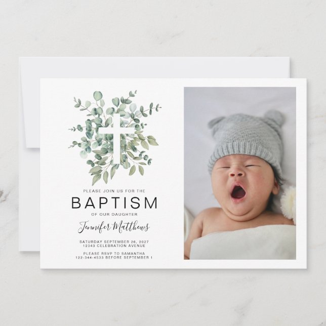 Invitation Eucalyptus Vert Baptême Photo (Devant)