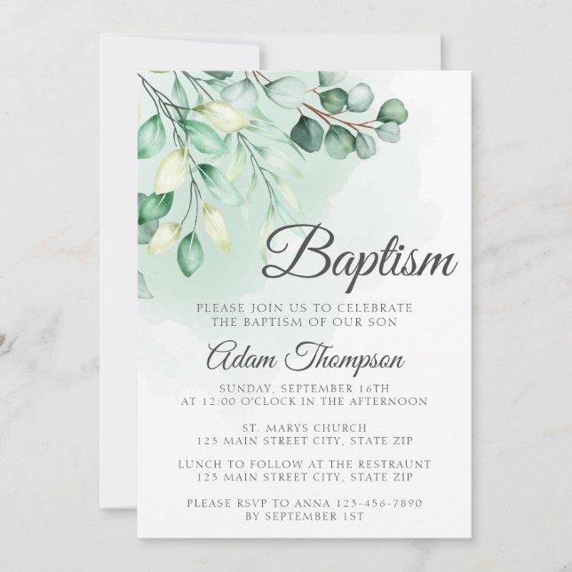 Invitation Eucalyptus Vert Baptême simple (Devant)