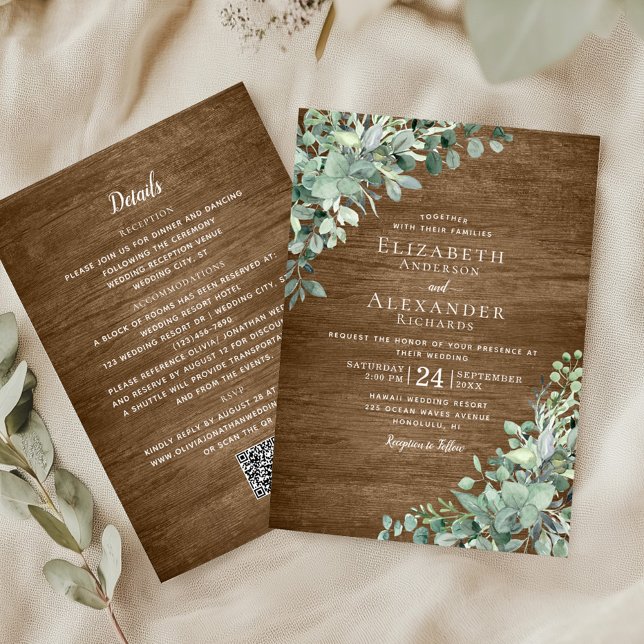 Invitation Eucalyptus Vert Bois rustique QR Code Mariage (Créateur téléchargé)