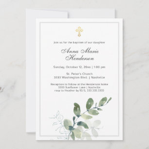Invitation Eucalyptus Vert Croix d'or Baptême 
