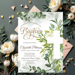 Invitation Eucalyptus Vert Croix florale Baptême