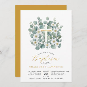 Invitation Eucalyptus Vert Élégant Croix Baptême
