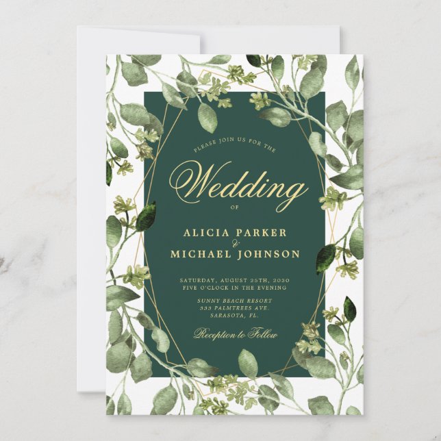 Invitation Eucalyptus vert émeraude mariage or vert émeraude (Devant)