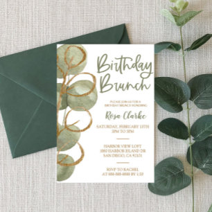Invitation Eucalyptus vert et huile d'or Brunch d'anniversair
