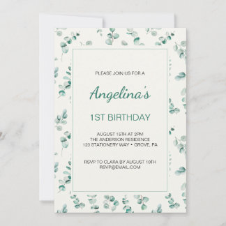 Invitation Eucalyptus Vert Feuilles premier anniversaire