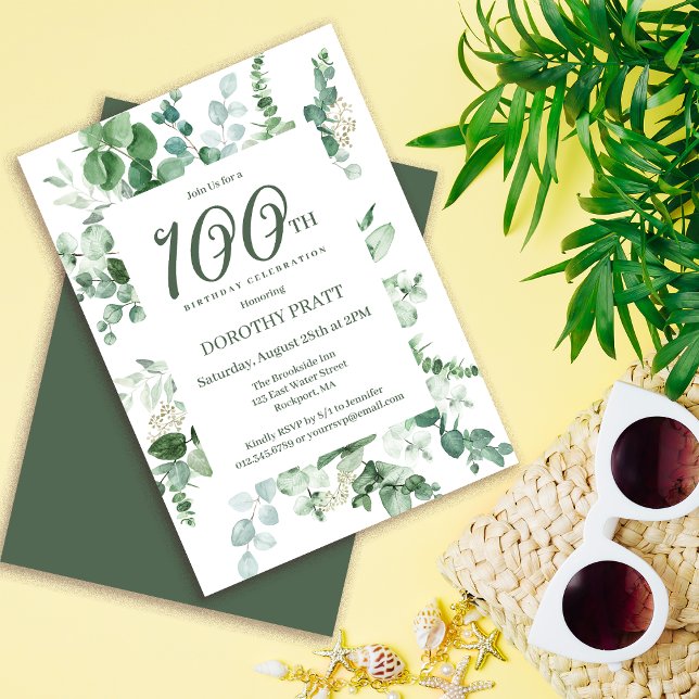 Invitation Eucalyptus vert foncé 100e fête d'anniversaire (Need matching party supplies? Welcome signs, paper plates, napkins, etc. Message me!)