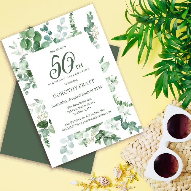 Invitation Eucalyptus vert foncé 50e fête d'anniversaire (Need matching party supplies? Welcome signs, napkins, paper plates. Something else? Message me!)