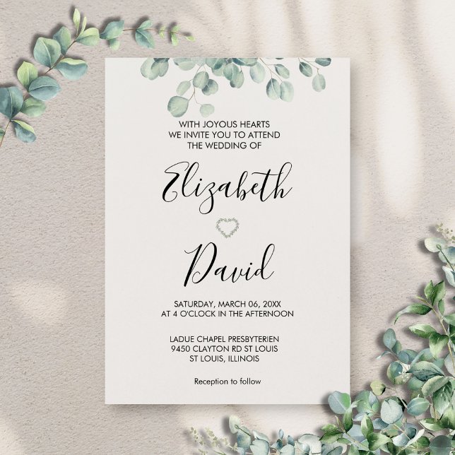 Invitation Eucalyptus vert main-tiré coeur (Créateur téléchargé)