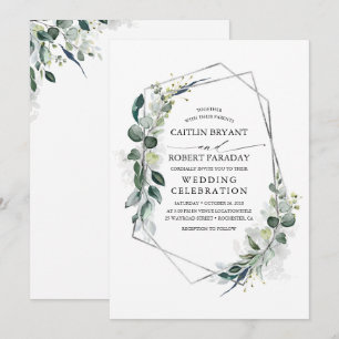 Invitation Eucalyptus Vert Mariage géométrique Argent