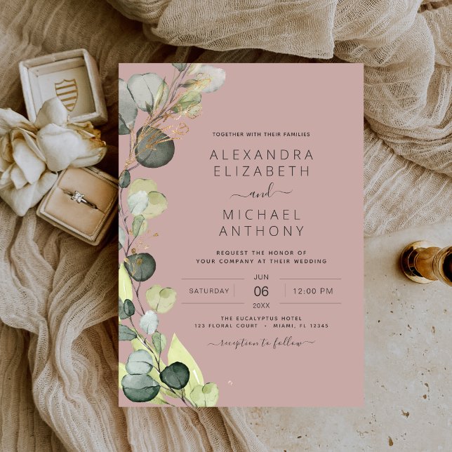 Invitation Eucalyptus Vert Mariage rose mauve (Créateur téléchargé)