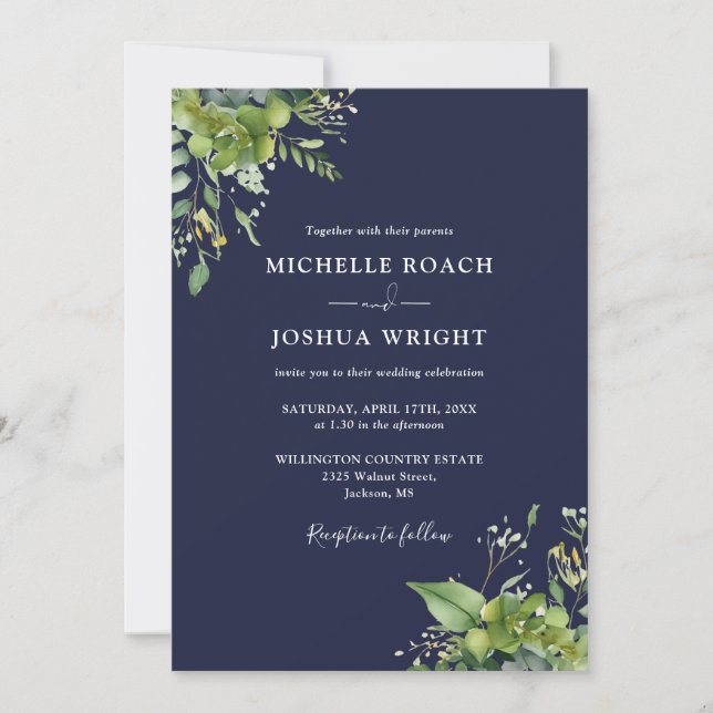 Invitation Eucalyptus Vert Marine bleu QR Code Mariage (Devant)