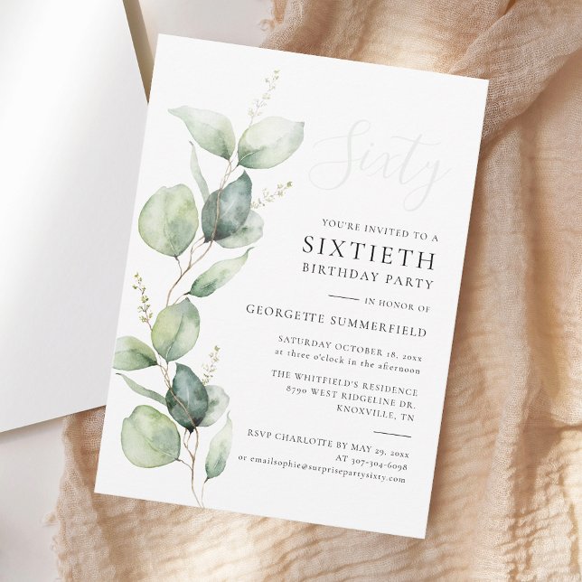 Invitation Eucalyptus Vert minimaliste 60e anniversaire (Eucalyptus Minimalist Modern 60th Birthday Party Invitation)