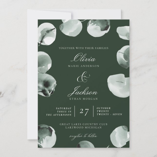 Invitation Eucalyptus Vert Muet Écrit Mariage moderne (Devant)
