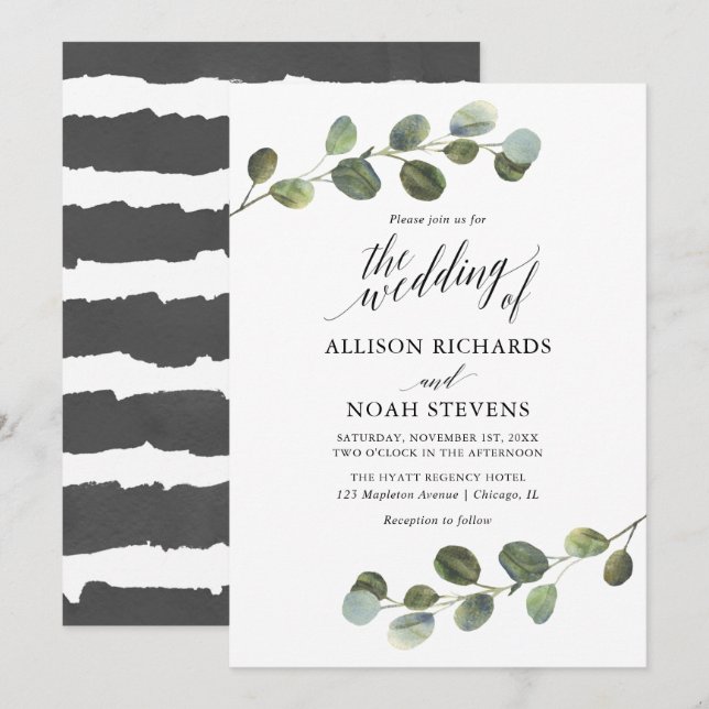 Invitation Eucalyptus vert noir blanc moderne simple (Devant / Derrière)
