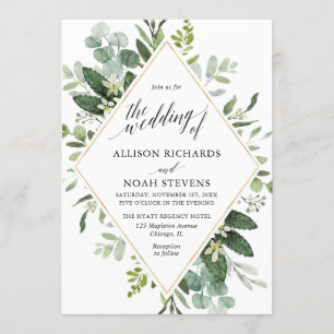 Invitation Eucalyptus vert or géométrique mariage moderne