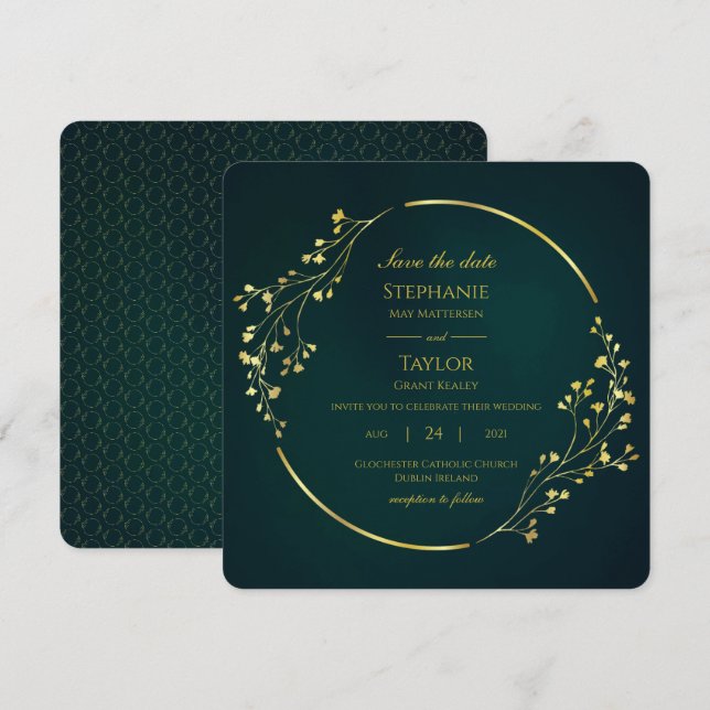 Invitation Eucalyptus Vert Or Moderne Enregistrer La Date (Devant / Derrière)