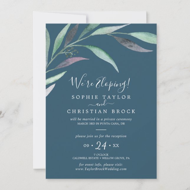 Invitation Eucalyptus vert pourpre | Réception Blue Elopement (Devant)