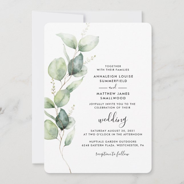 Invitation Eucalyptus vert QR Code tout en un Mariage (Devant)