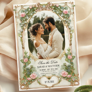 Invitation Eucalyptus vert rose floral Enregistrer la date