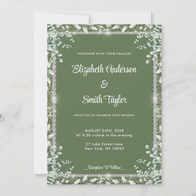 Invitation Eucalyptus Vert Sage Moderne Et Mariage Diamant (Devant)