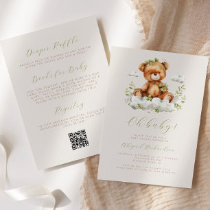 Invitation Eucalyptus vert Teddy Bear QR Code Baby shower