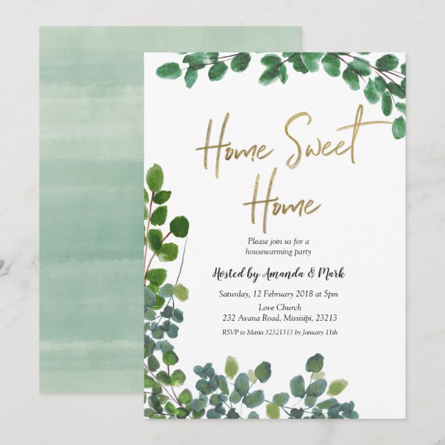 Invitation Eucalyptus vertes Wreath Houseécher Party (Devant / Derrière)