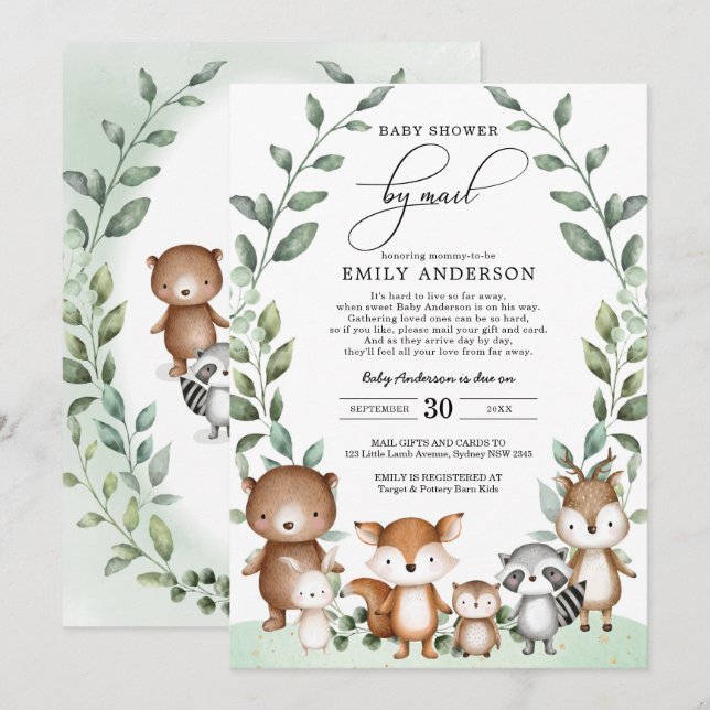 Invitation Eucalyptus Woodland Baby shower Par Mail Quarantai (Devant / Derrière)