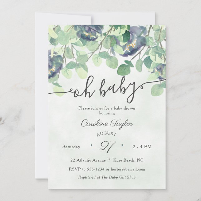Invitation Eucualyptus Vert Marine Baby shower floral bleu (Devant)