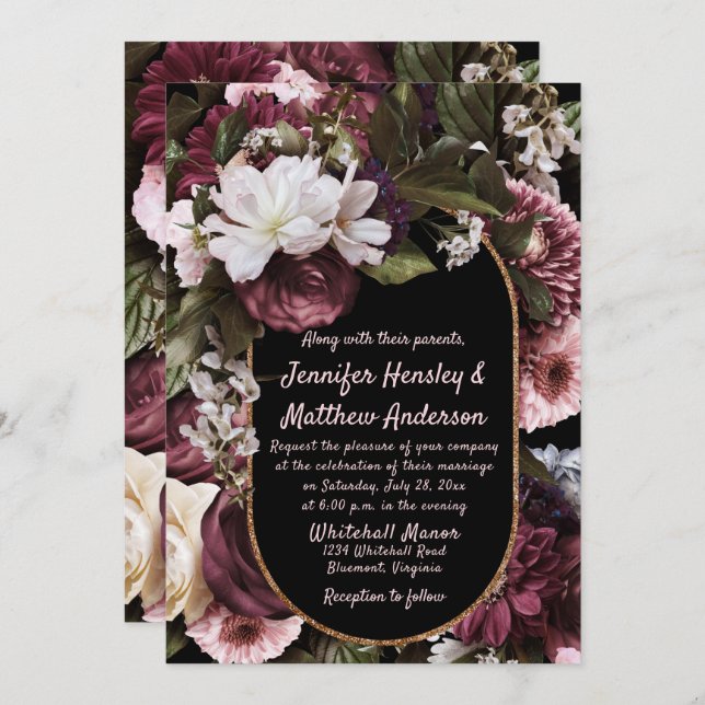 Invitation Euphoria Burgundy et Pink Rustic FlorMariage (Devant / Derrière)