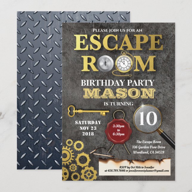 Invitation Evasion salle mystère résoudre défi anniversaire (Devant / Derrière)