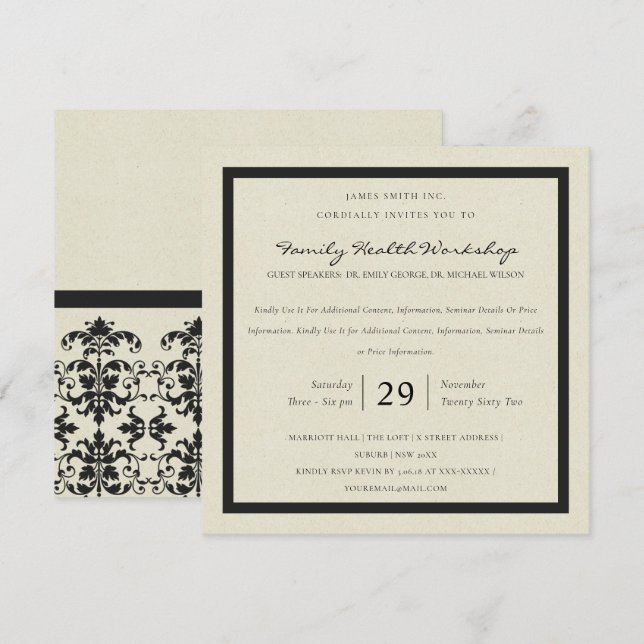 INVITATION ÉVÉNEMENT D'ATELIER CLASSIQUE BLACK WHITE DAMASK (Devant / Derrière)