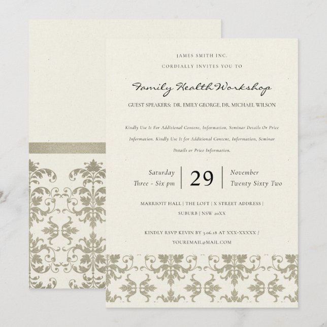 INVITATION ÉVÉNEMENT D'ATELIER CLASSIQUE FAUX SILVER DAMASK (Devant / Derrière)