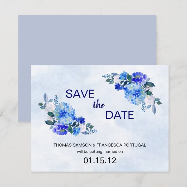Invitation Événement de mariage floral aquarelle bleu royal à (Devant / Derrière)