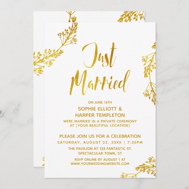 Invitation Événement de mariage Just Married Botanique Or (Devant / Derrière)
